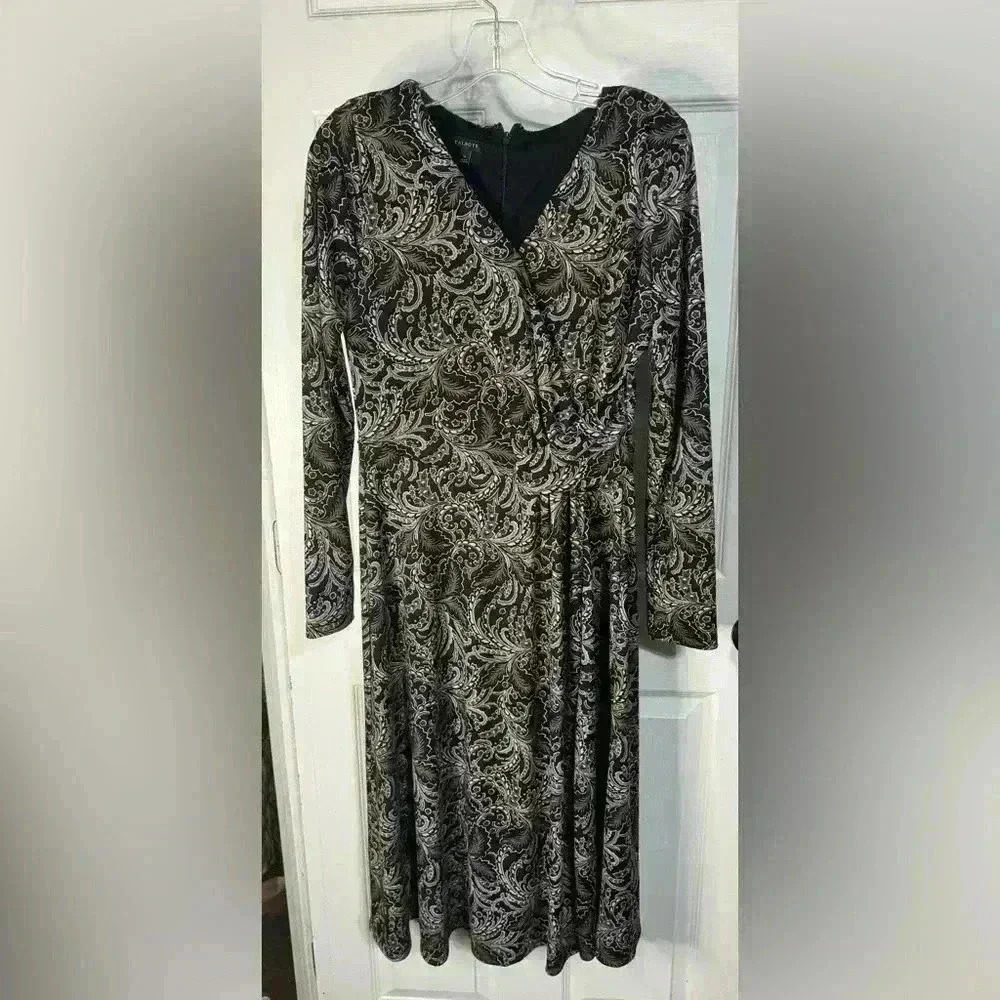 Talbots Brown Black Multi Faux Wrap Side Ruched Stretch Midi Dress Size Medium